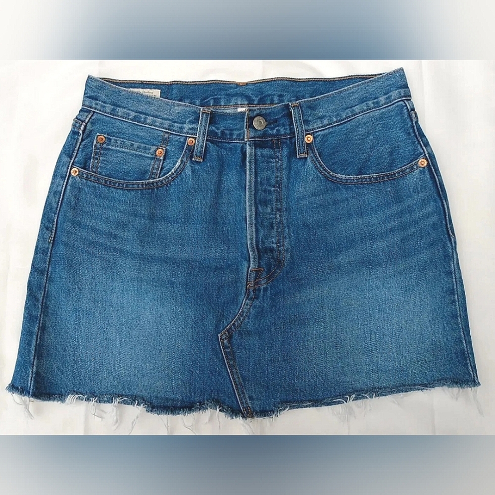Levi’s Premium denim mini skirt deconstructed jeans blue faded button fly 30